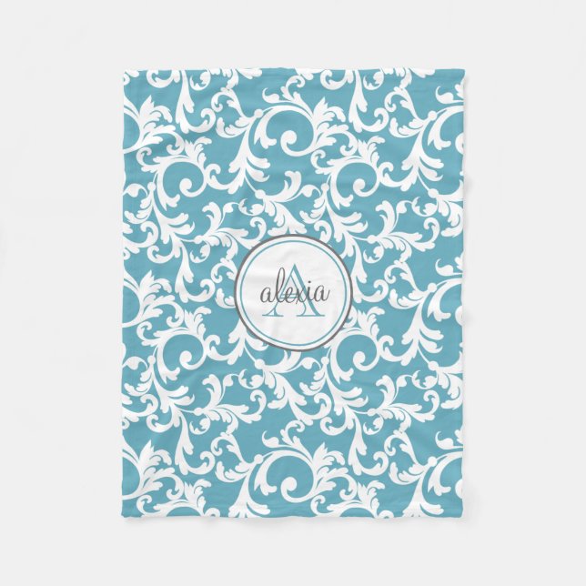 CUSTOM Ocean Blue Elegante Damask Print Fleecedecke (Vorderseite)