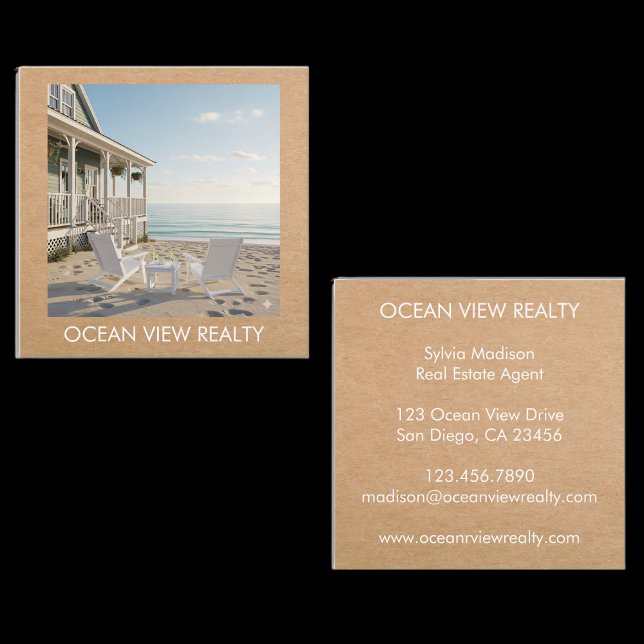 Custom Ocean View Foto Realty Kraft Quadratische Visitenkarte (Custom Ocean View Photo Teal Estate Agent Kraft Square Business Card)