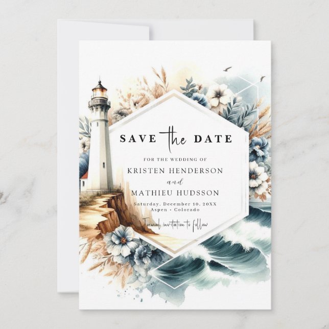 Custom Oceanic Whimsy Lighthouse Hochzeit Save The Date (Vorderseite)