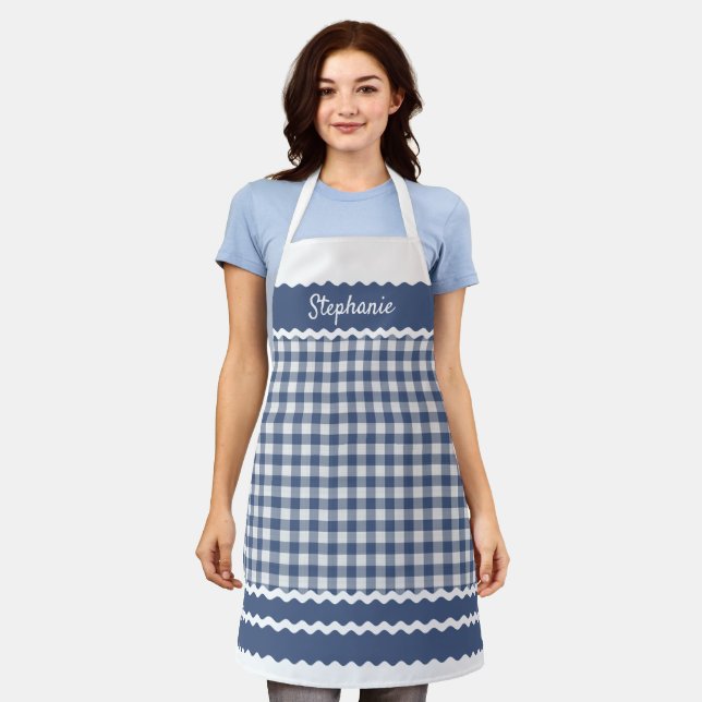 Custom Old Dark Blue White Hütte Gingham Kariert Schürze (Getragen)