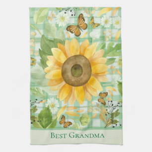 Custom Oma Green Gingham Sunflower Butterfly Geschirrtuch