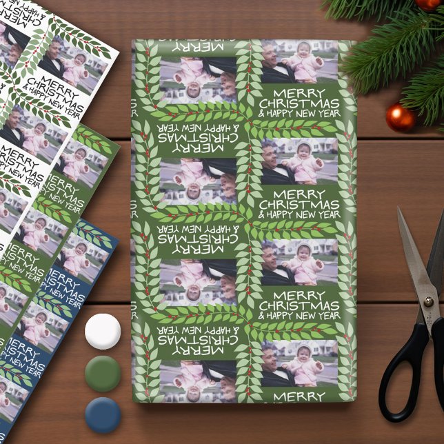 Custom One Foto Frohe Weihnachts-Blätter Berries Geschenkpapier Set (Photo Wrapping Paper - Holiday and Christmas Theme)