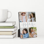 Custom "Opa" Großkinder FotoCollage Fotoplatte<br><div class="desc">Schenken Sie einem geliebten Großvater diesen Vatertag mit dieser vier Foto-Collage-Plakette ein süßes Geschenk. "Opa" erscheint in der Mitte in weich-grauem Schriftsatz,  mit der eigenen Nachricht und den Namen der Enkel überlagert.</div>