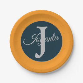 Custom  orange greay blue Monogram Elegant Pappteller