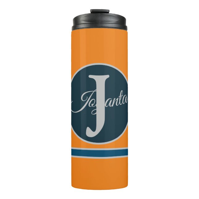 Custom  orange greay blue Monogram Elegant Thermosbecher (Vorderseite)
