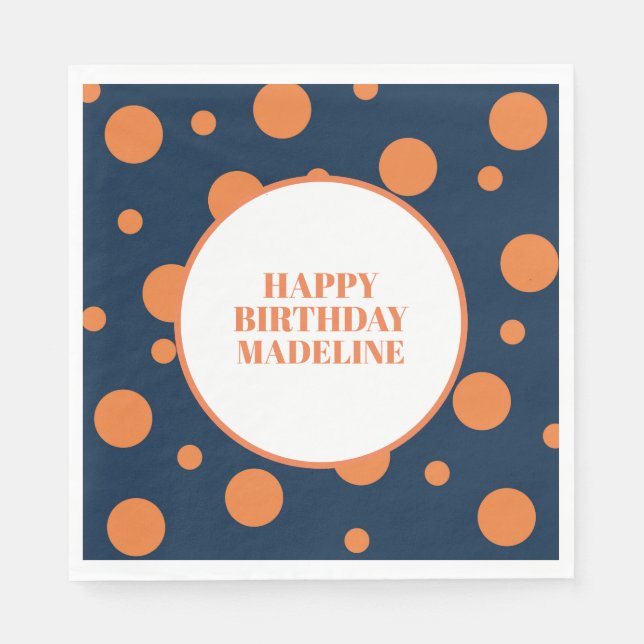 Custom Orange Navy Blue Polka Dot Birthday Party Serviette (Vorderseite)