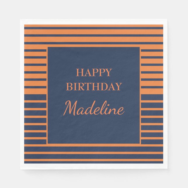 Custom Orange Navy Blue Striping Geburtstagsparty Serviette (Vorderseite)