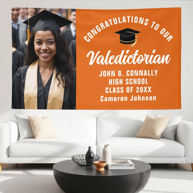 Custom Orange Valedictorian Foto Graduation Party Banner (Von Creator hochgeladen)