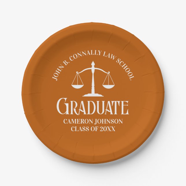 Custom Orange White Law School Graduation Party Pappteller (Vorderseite)