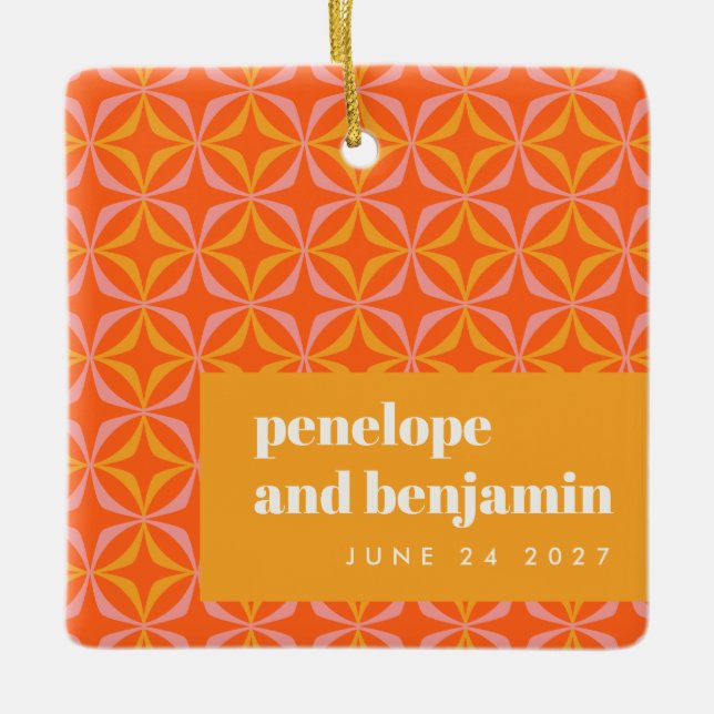 Custom Orange Yellow Retro Typografy Wedding Keramikornament (Vorderseite)