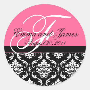 Custom Order Wedding Monogram Pink Damask Siegel Runder Aufkleber