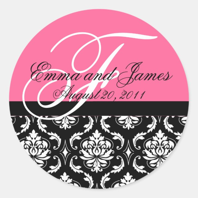 Custom Order Wedding Monogram Pink Damask Siegel Runder Aufkleber (Vorderseite)