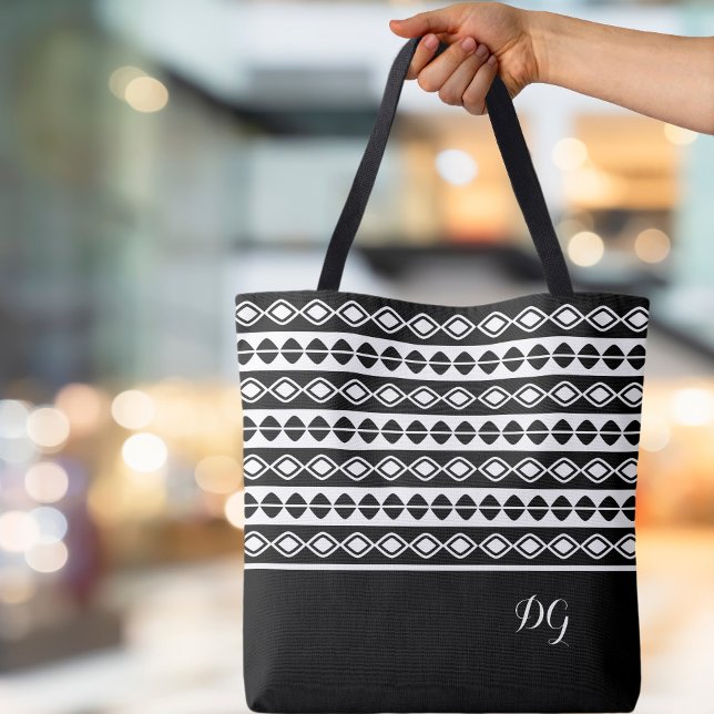 Custom Ornamental Bold Black Pattern Geometrie (Stylish Custom Monogrammed Initials Ornamental Bold Black & White  Pattern Geometric Canvas Tote Bag)