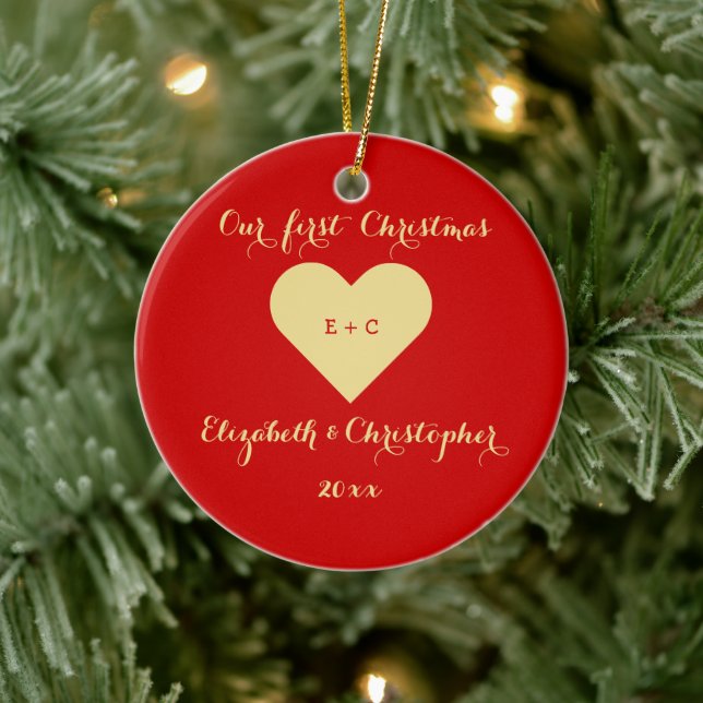 Custom Our First Christmas Mr. Verheiratet Heart Keramikornament (Baum)