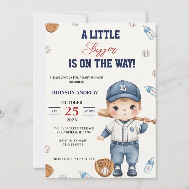 Custom Our Little Slugger Baseball Baby Shower Einladung (Vorderseite)