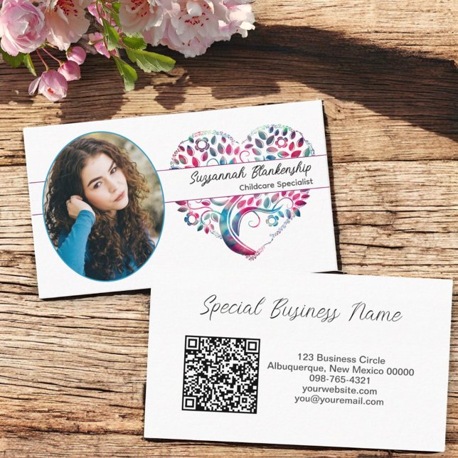 Custom Oval Foto Tree Herz Art & QR Code Visitenkarte (Business card temple text front and back )