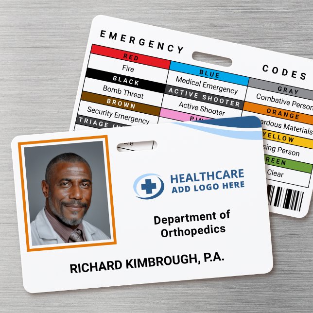 Custom PA Hospital Employee Photo ID Badge Ausweis (Double-sided photo ID badge with custom emergency codes and barcode image)