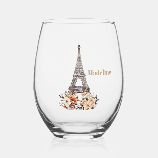 Custom Paris Eiffel Tower Beautiful Floral Weinglas Ohne Stiel (Vorderseite)