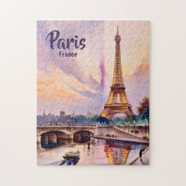 Custom Paris France Eiffel Tower Sunset Watercolor Puzzle