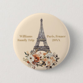 Custom Paris Trip Eiffel Tower Floral Button