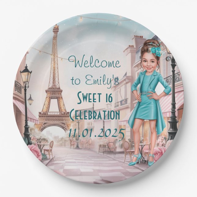 Custom Paris und Rose Sweet 16 in Paris Pappteller (Vorderseite)