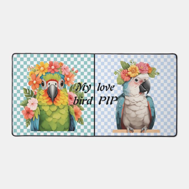 Custom Parrot Blume Crown und mein Liebesvogeltext Schreibtischunterlage (Vorderseite)