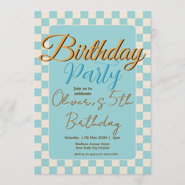 Custom Pastel Blue Checkered Birthday Party Einladung (Vorderseite)