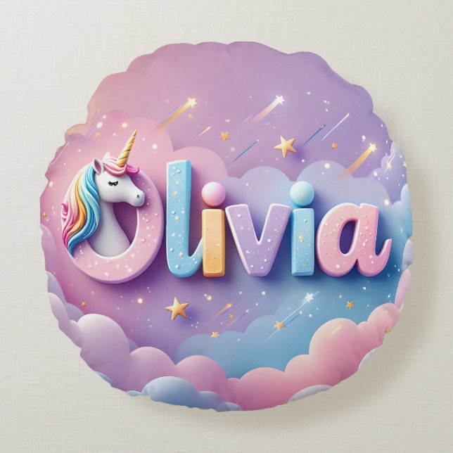 Custom Pastel Unicorn Name Pillow Rundes Kissen (Vorderseite)