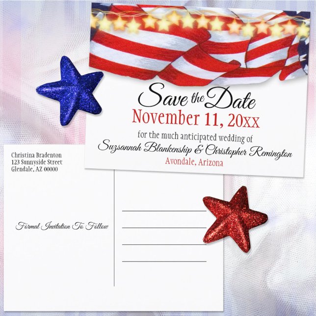 Custom Patriotic Bunting Stars Save the Date Ankündigungspostkarte (Von Creator hochgeladen)