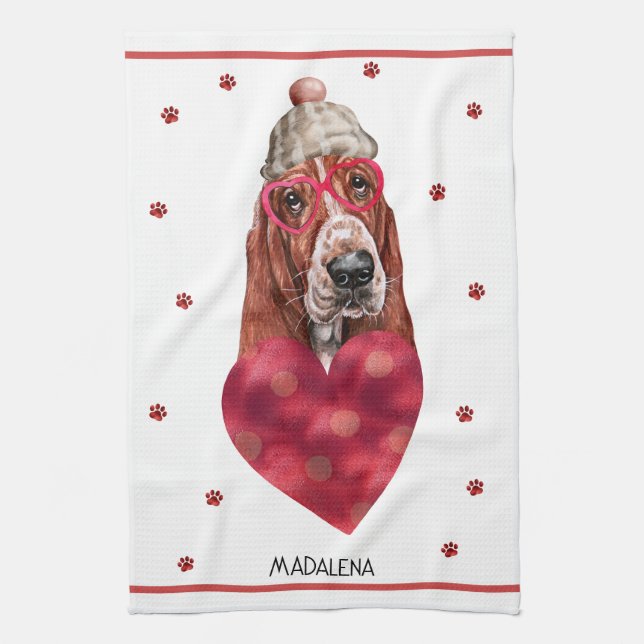 Custom Paws Dog Lover Valentine Geschenk Basset Ho Geschirrtuch (Vertikal)