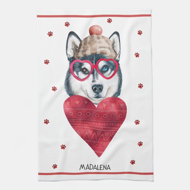 Custom Paws Dog Lover Valentine Geschenk Husky Geschirrtuch (Vertikal)