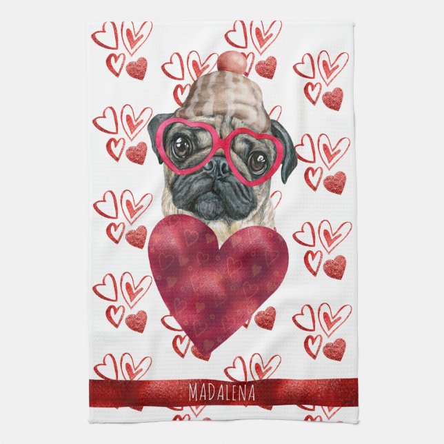 Custom Paws Hund Lover Valentine Geschenk Mops Geschirrtuch (Vertikal)