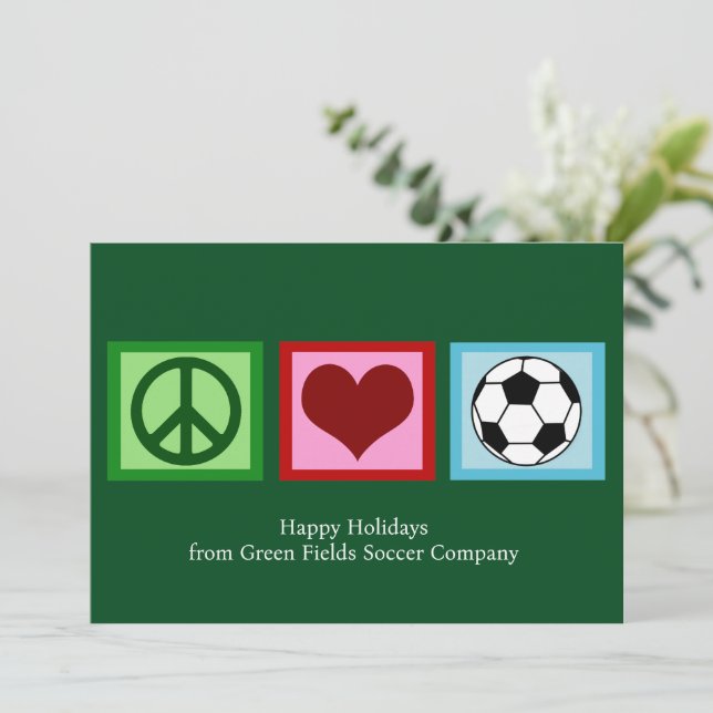 Custom Peace Liebe Soccer Christmas Green Futbol Feiertagskarte (Stehend Vorderseite)