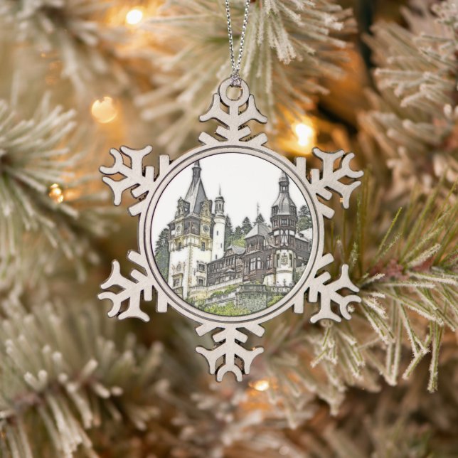 Custom Peles Castle Rumänien Schneeflocken Zinn-Ornament (Baum)