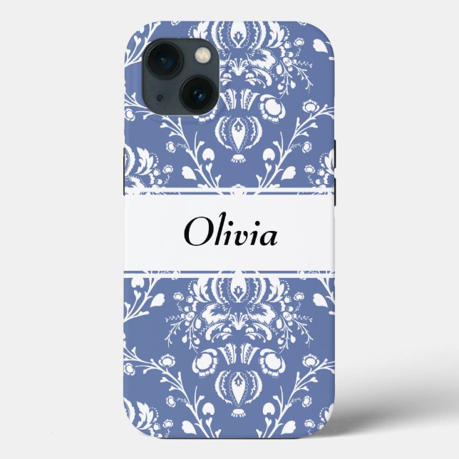 Custom Periwinkle Blue and White Damask Case-Mate iPhone Hülle (Rückseite)
