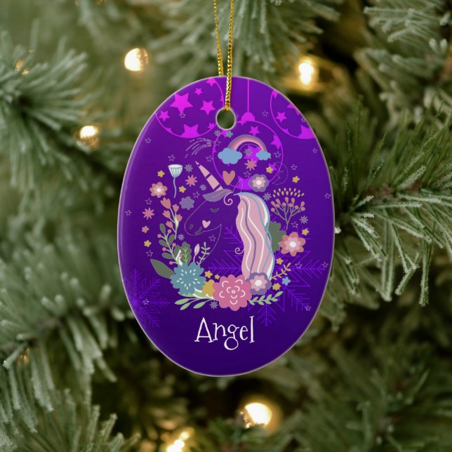 Custom Personalisiert Christmas Lila Unicorn Keramik Ornament (Baum)
