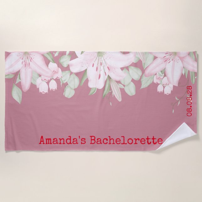Custom Personalisiert Pink White Floral Bacheloret Strandtuch (Vorderseite)