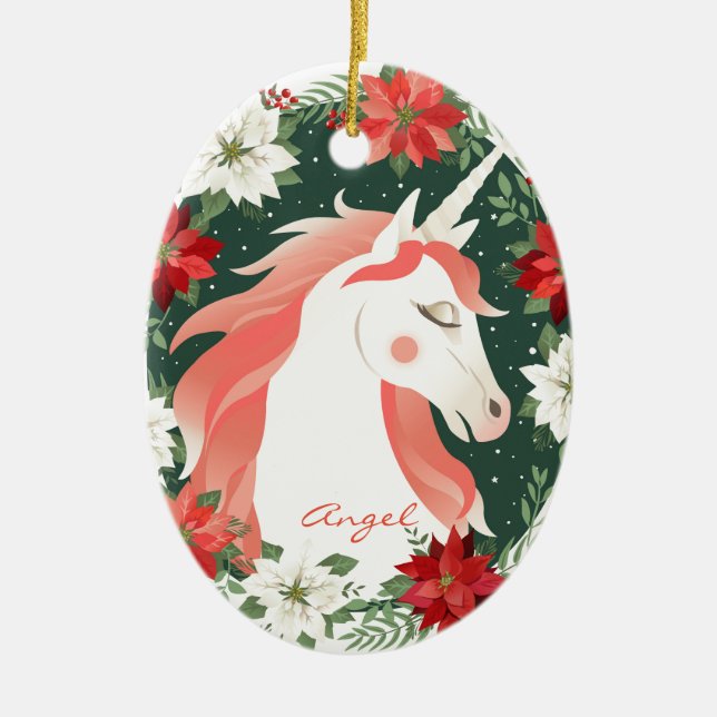 Custom Personalisiert Poinsettia Unicorn Horn Keramik Ornament (Vorne)