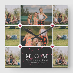 Custom Personalized Love You Mom 8 Photo collage Quadratische Wanduhr