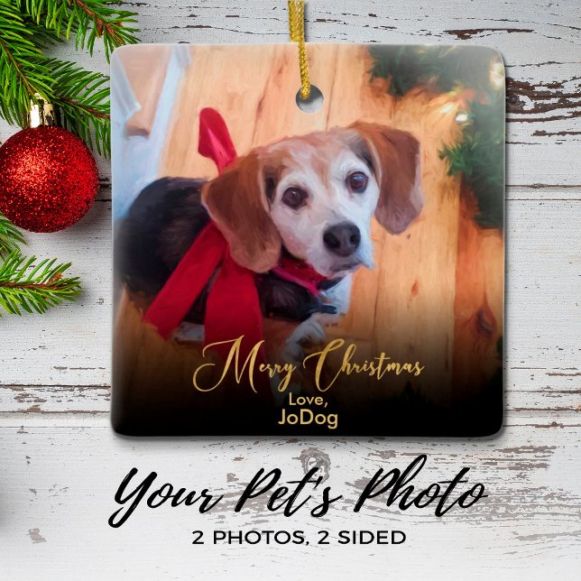 Custom Pet 2 Foto Elegante Gold Script Weihnachten Keramikornament (Von Creator hochgeladen)