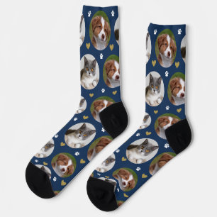 Custom Pet 2 Foto Heart Navy Blue Paw Print Socken