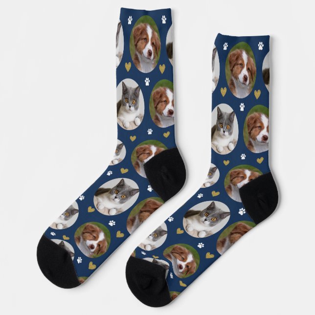 Custom Pet 2 Foto Heart Navy Blue Paw Print Socken (Linkes Detail)