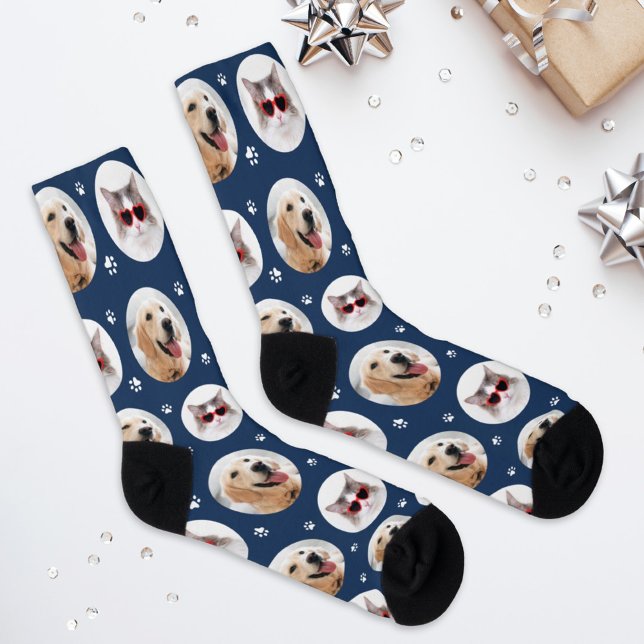 Custom Pet 2 Foto Navy Blue Paw Print Socken (Von Creator hochgeladen)