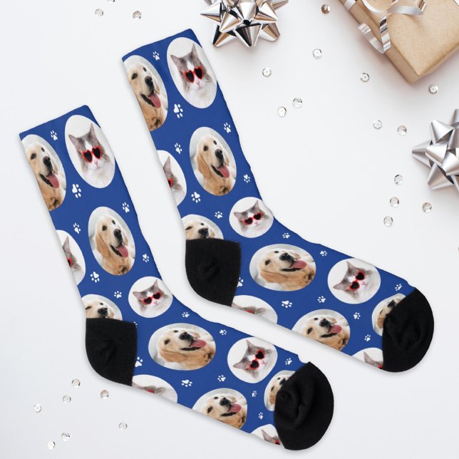 Custom Pet 2 Foto Royal Blue Paw Print Socken (Von Creator hochgeladen)