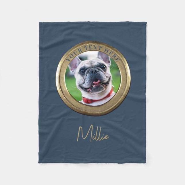 Custom Pet 2 Foto & Text Navy Blue Gold Fleecedecke (Vorderseite)