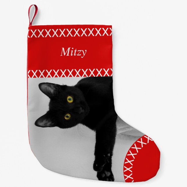 Custom Pet Black Cat Foto Weihnachten Kleiner Weihnachtsstrumpf (Vorderseite)
