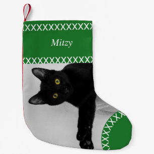 Custom Pet Black Cat Foto Weihnachtsgrün Kleiner Weihnachtsstrumpf