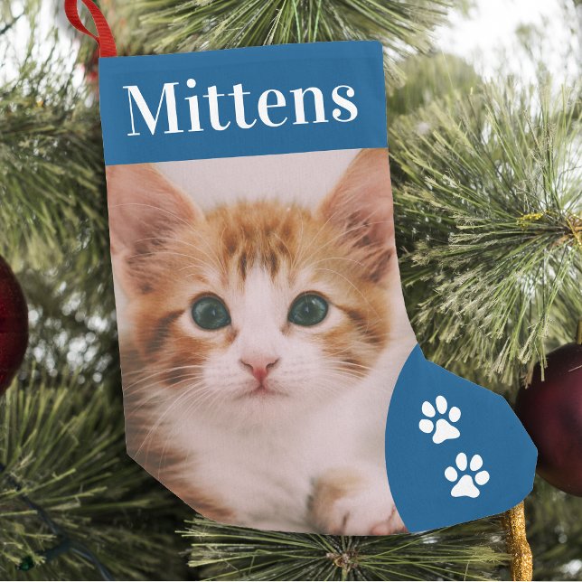 Custom Pet Cat Foto Holiday Blue Personalisiert Kleiner Weihnachtsstrumpf (Von Creator hochgeladen)
