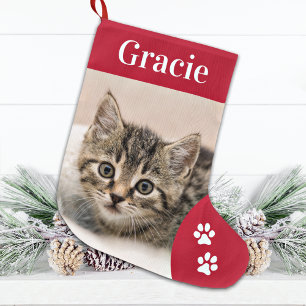Custom Pet Cat Foto Holiday Red Personalisiert Großer Weihnachtsstrumpf