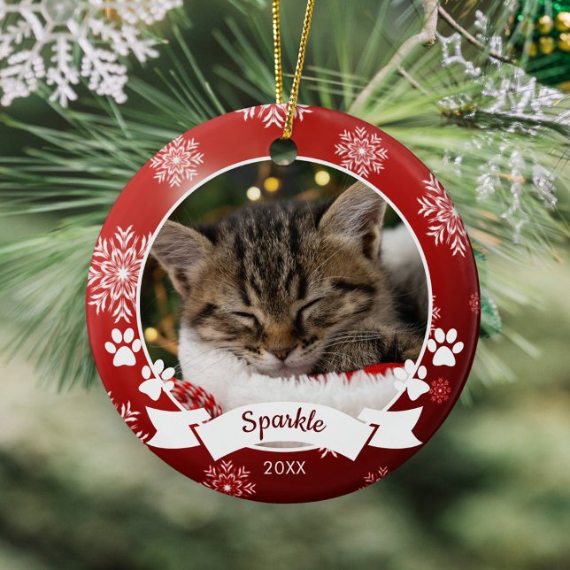 Custom Pet Cat Foto Paw Prints Red Christmas Keramik Ornament (Von Creator hochgeladen)